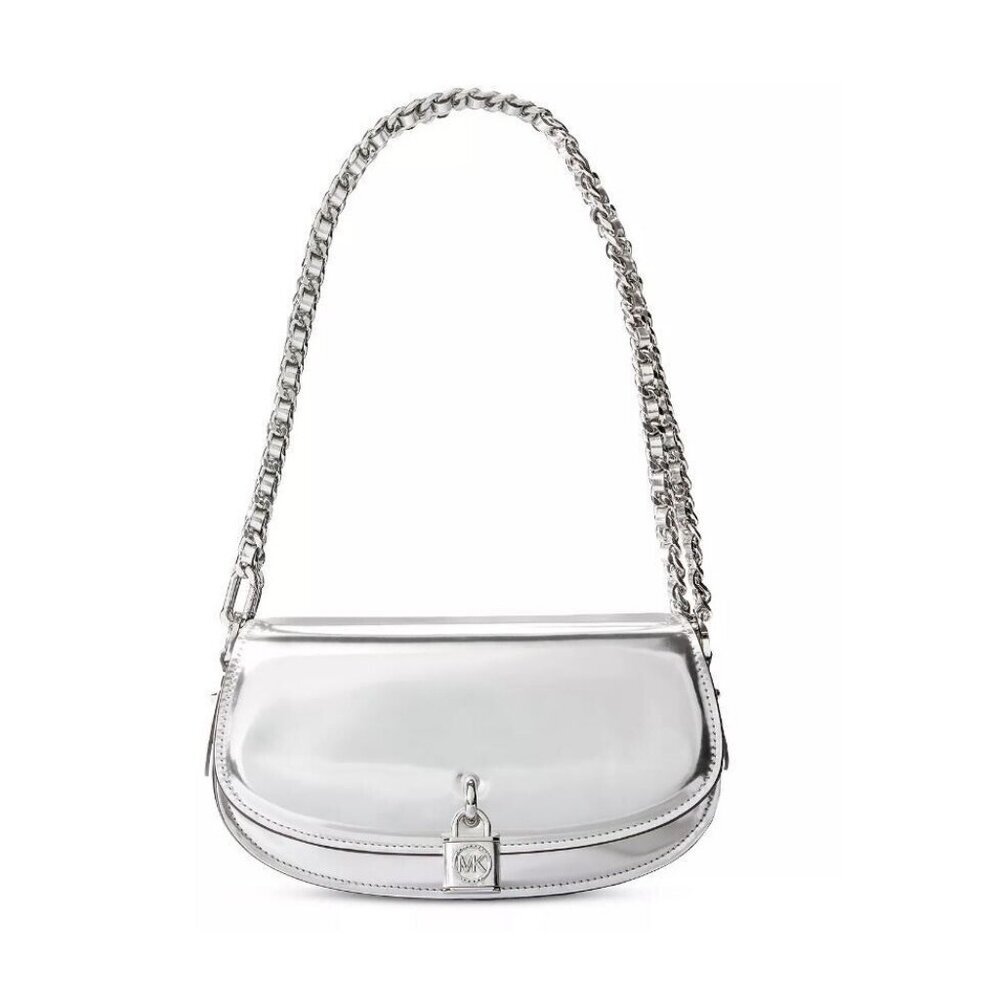 MICHAEL KORS Mila metallic leather shoulder crossbody messenger -Silver (Defect)